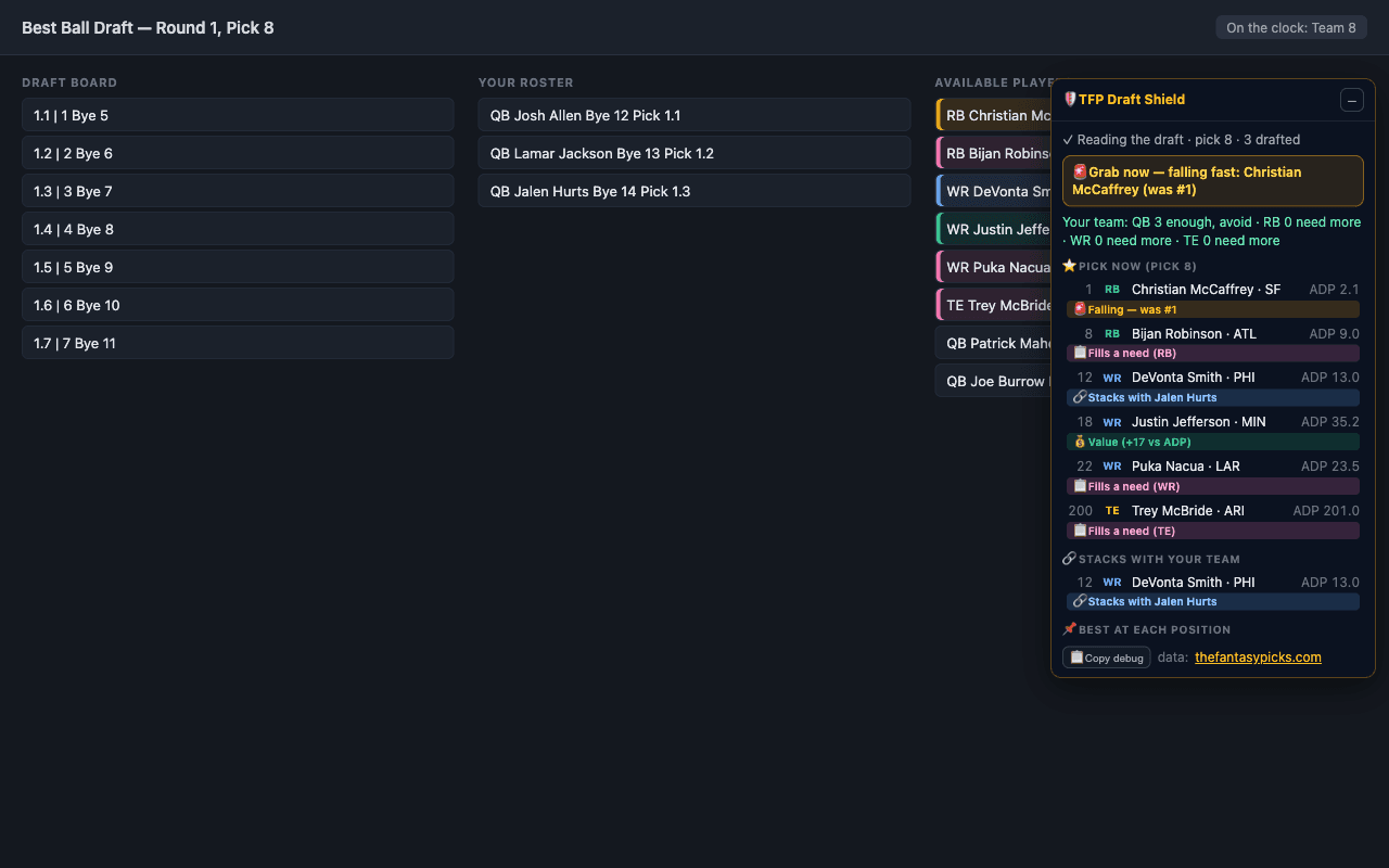 NFL Draft Shield panel showing live pick recommendations with steal, value, stack, and need tags